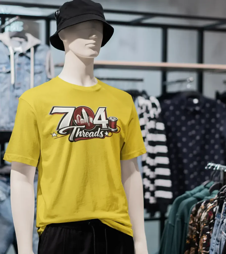 T-shirt on display inside of a retail apparel shop.