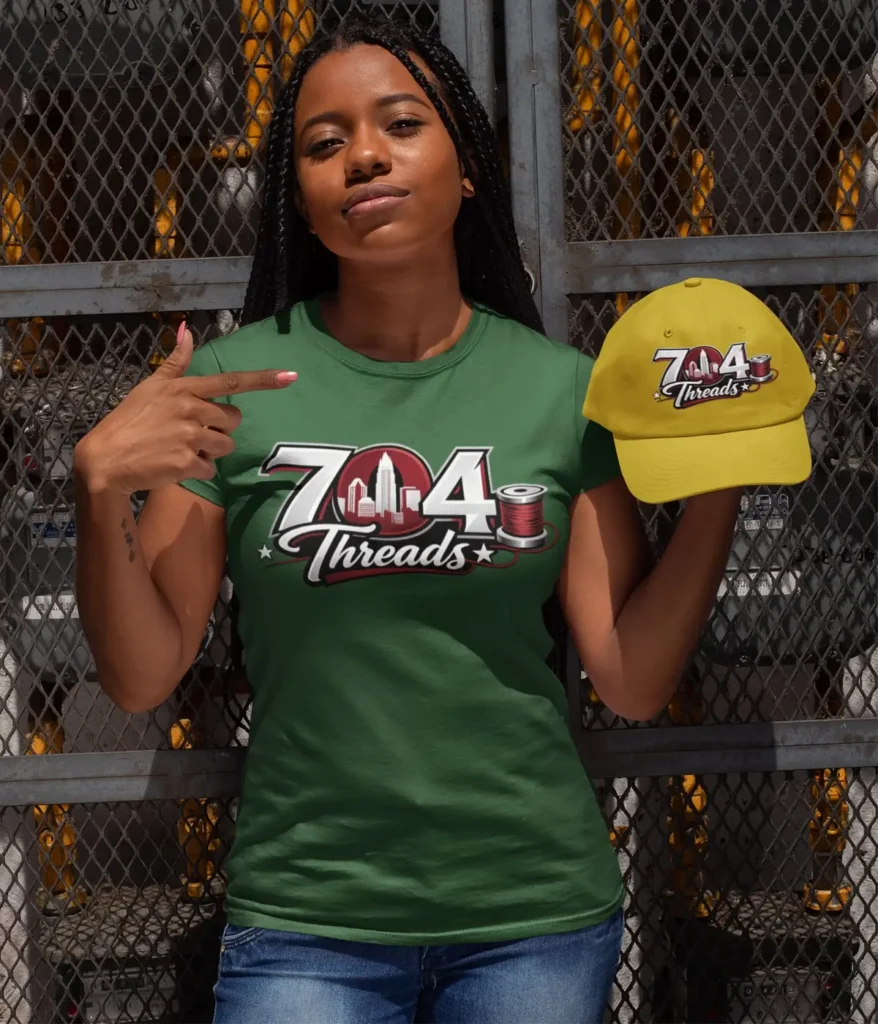 Woman posing for pictures showcasing 704 Threads Apparel.