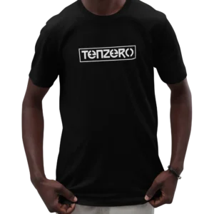 Black TenZero unisex classic fit short sleeve t-shirt with white minimalist logo print on front.